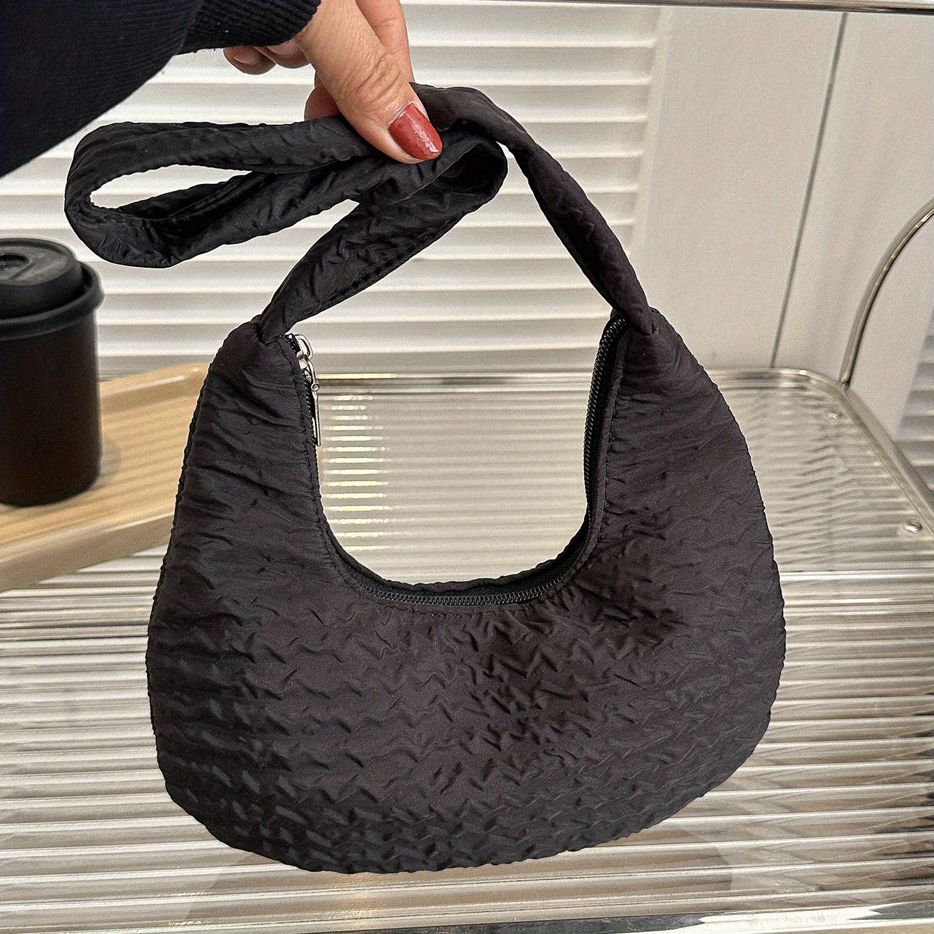 Canvas Crescent Bag With Zipper Shoulder & Handbag