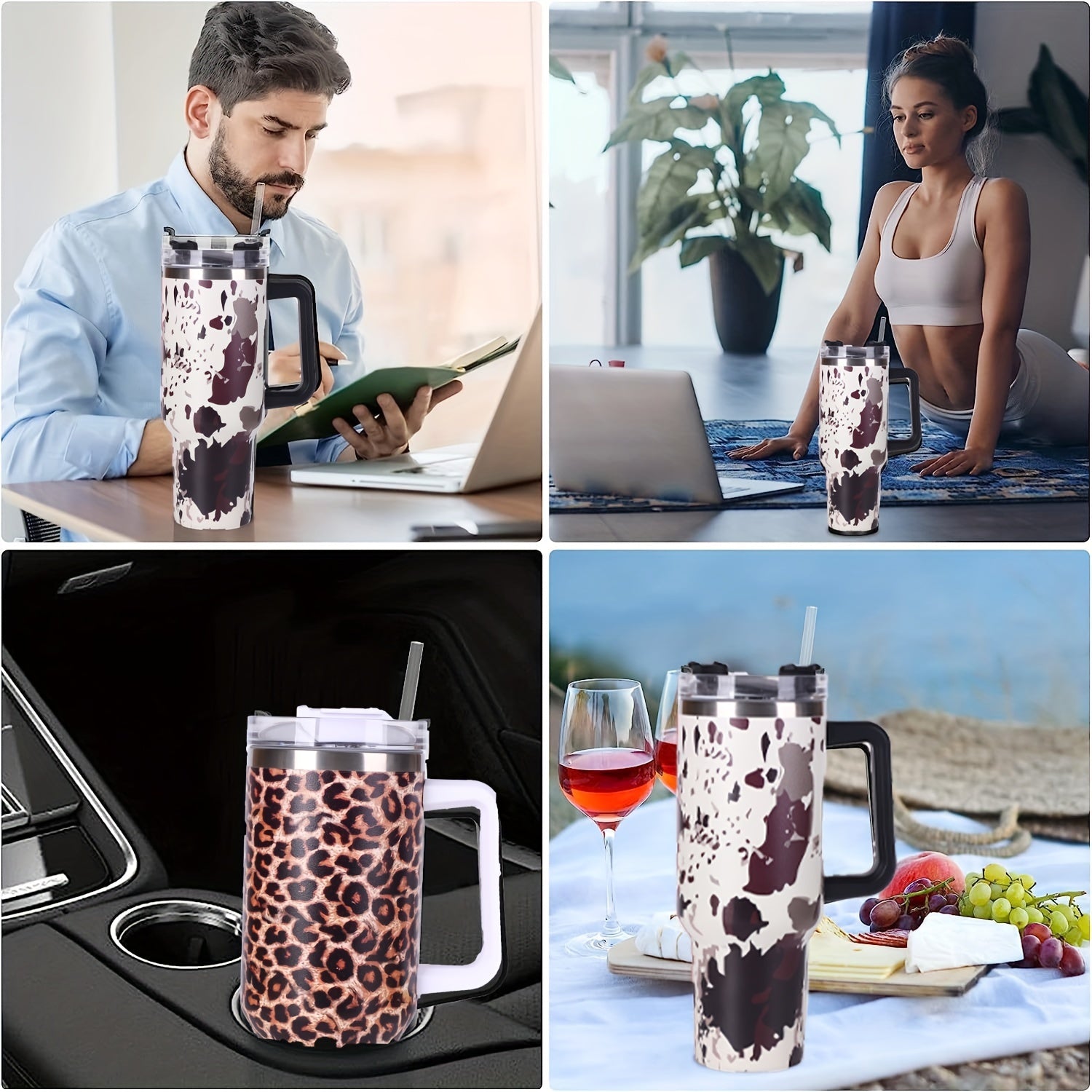 40oz Insulated Tumbler Leopard/Cow Print Stainless Steel Handle Straw Lid