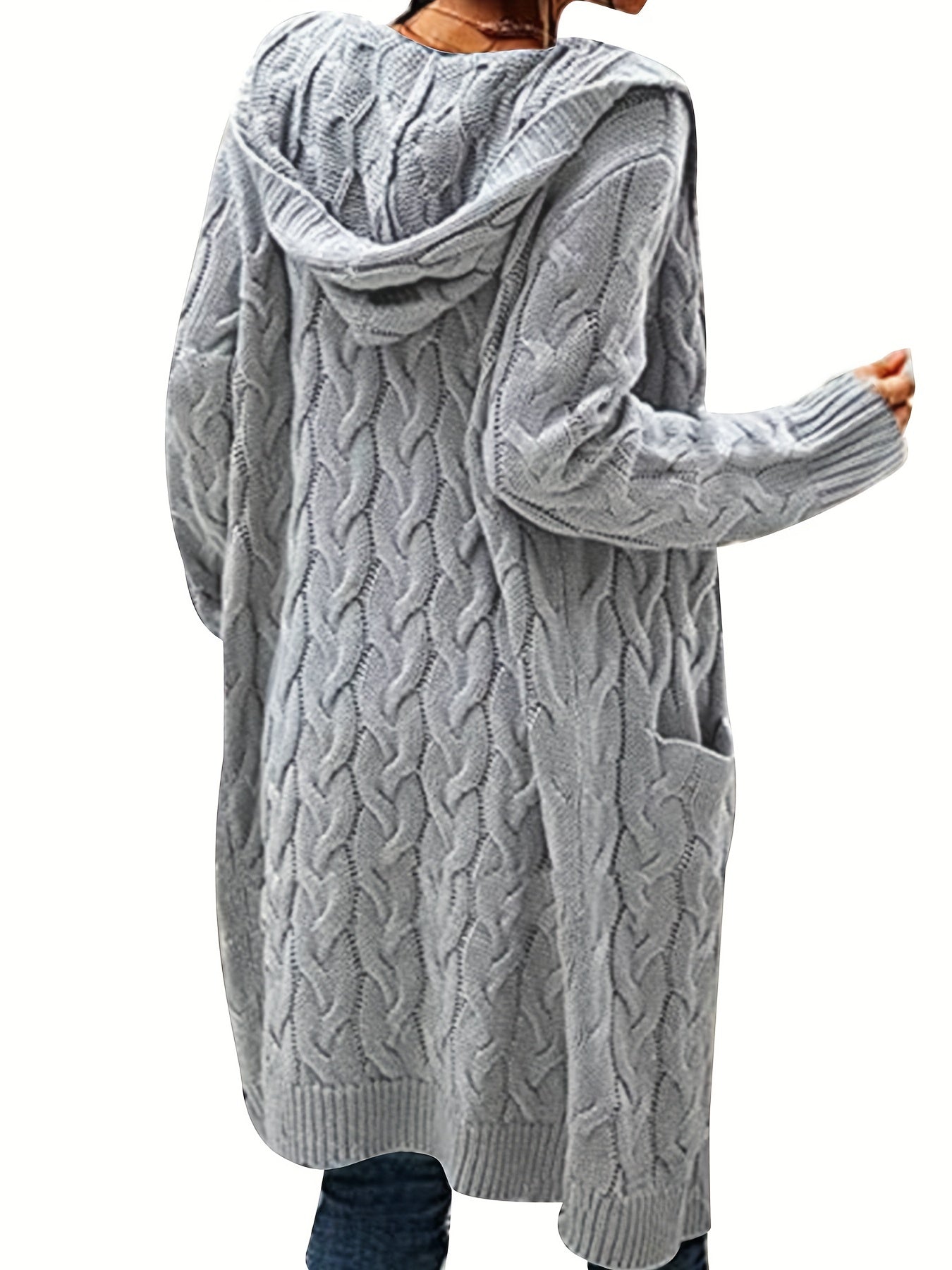 Solid Twisted Knitted Hooded Cardigan for Women