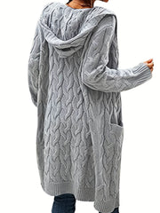 Solid Twisted Knitted Hooded Cardigan for Women