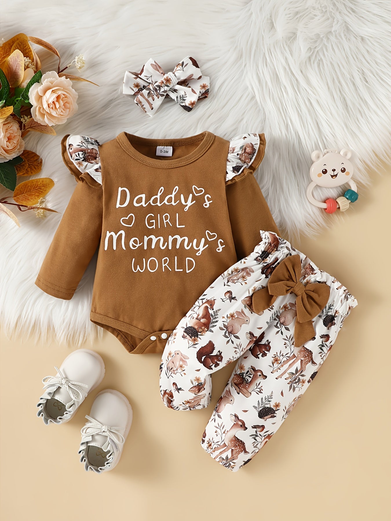Cute Baby Girls 3 Piece Outfit Squirrel Print Ruffle Sleeve Bodysuit Pants & Hea