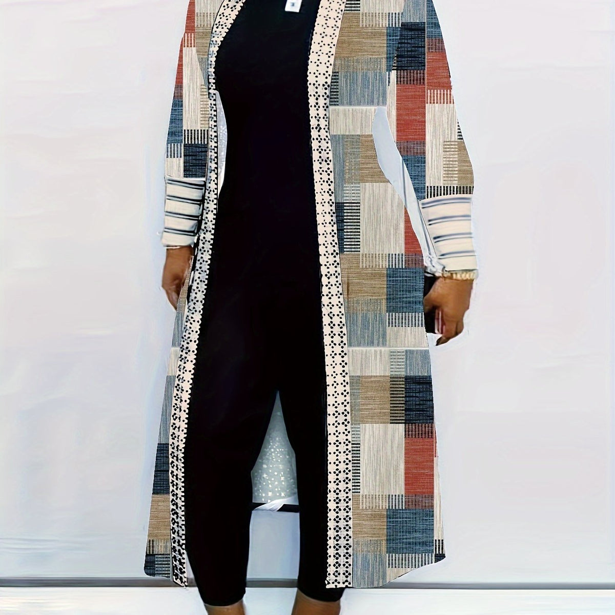  Colorblock Geometric Print Open Front Cardigan