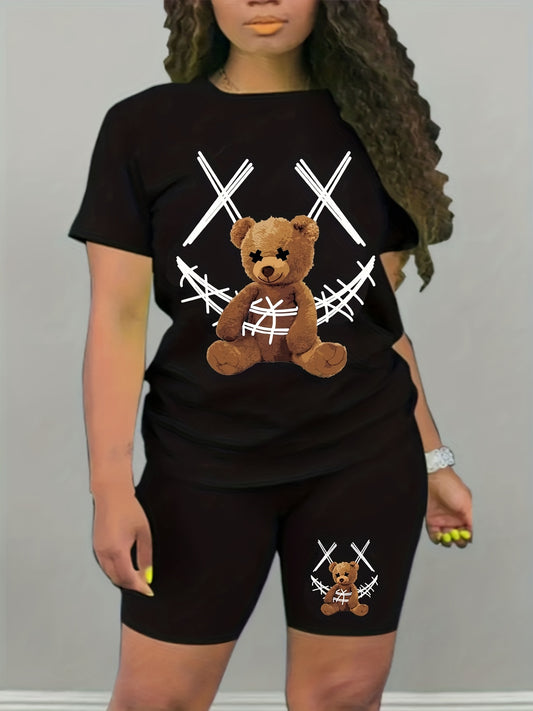 2pcs Bear Graphic Summer Sports Suit Loose Top & Shorts