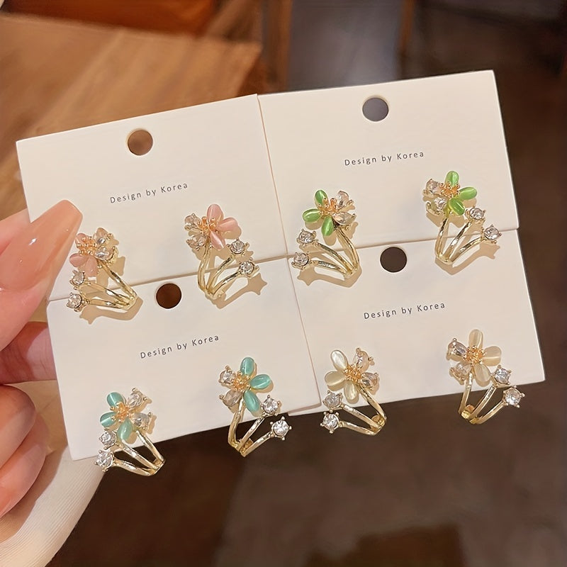 Rhinestone Decor Stud Earrings Flower Design