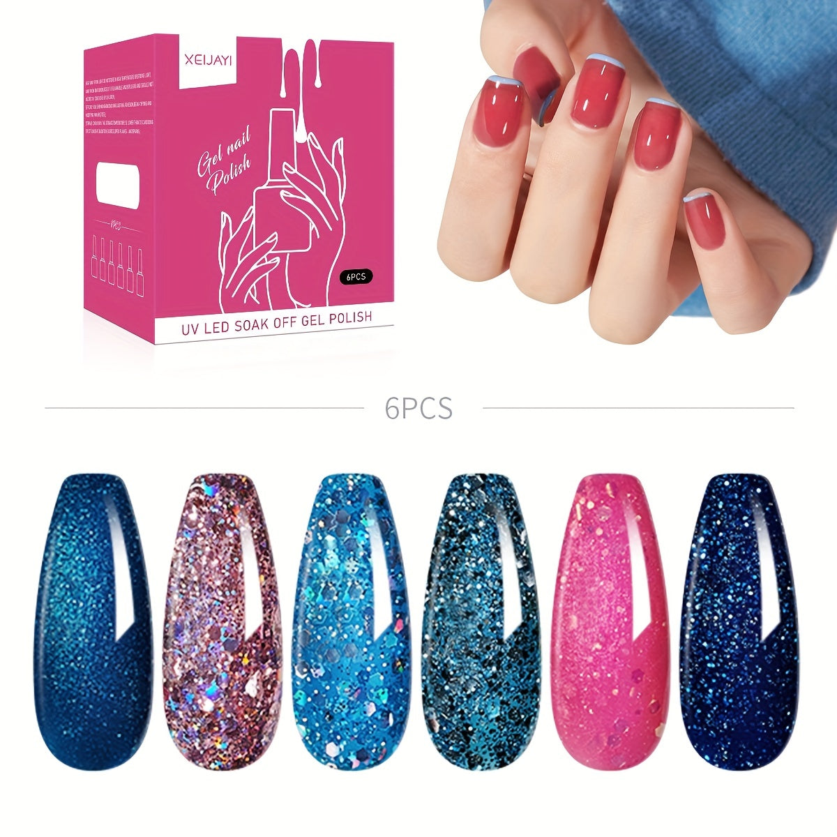 Pink Glitter Gel Varnish Set Soak Off No Wipe Nail Polish Kit
