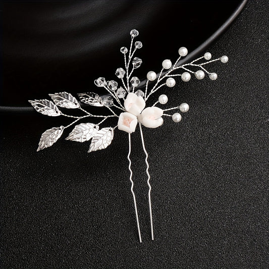 Faux Pearl Crystal Beads Bridal Hairpin Floral U Shaped Hair Sticks