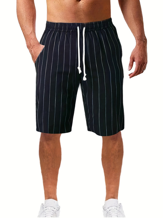 Breathable Striped Flat Front Shorts Men's Casual Waist Drawstring Shorts