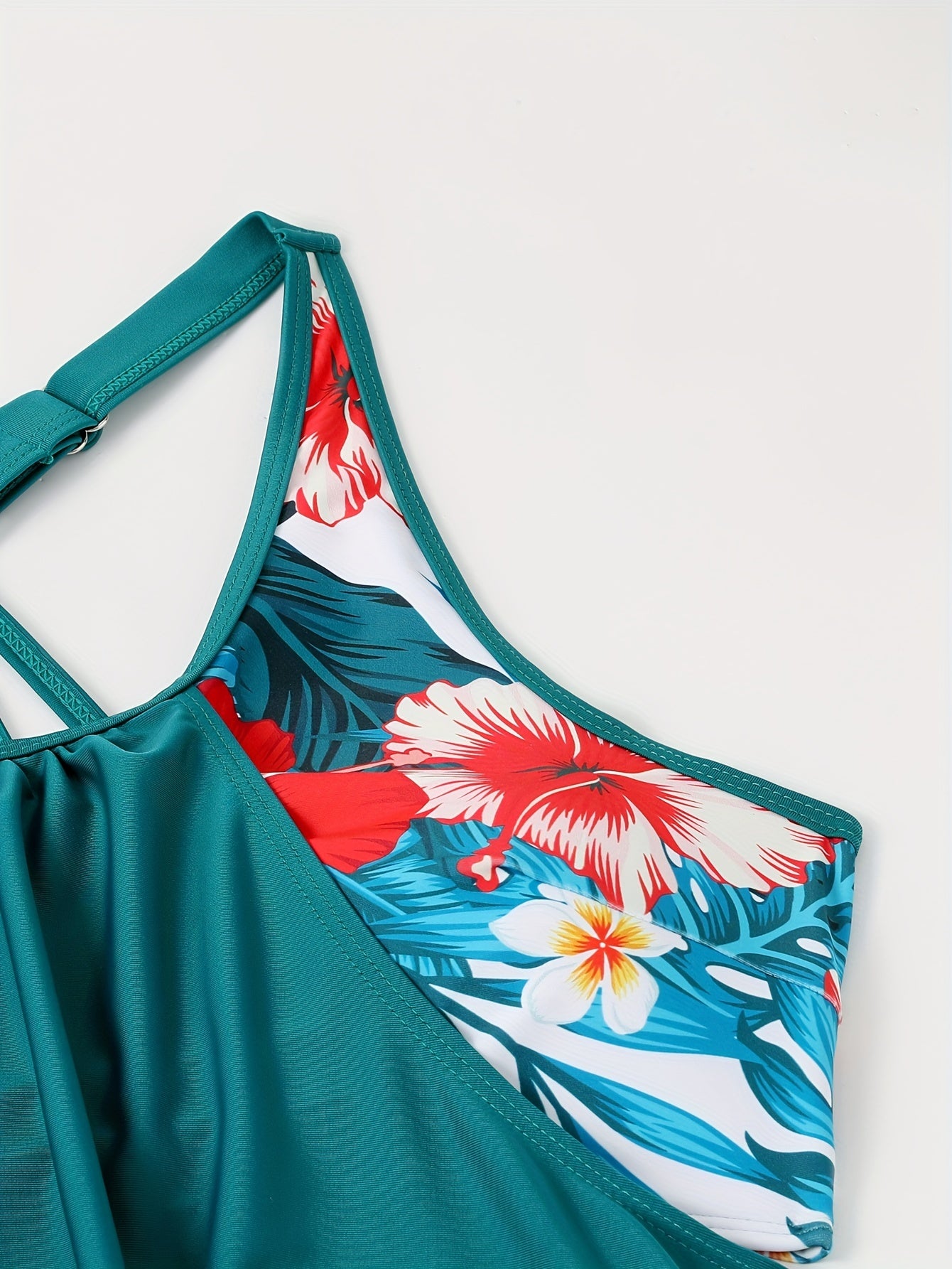 Tropical Print Tankini Set Round Neck High Stretch Boxer Short Bottom Swimsuit