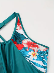 Tropical Print Tankini Set Round Neck High Stretch Boxer Short Bottom Swimsuit