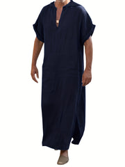 Vintage Islamic Arabic Kaftan For Men Short Sleeve Hooded V Neck Muslim Clothes