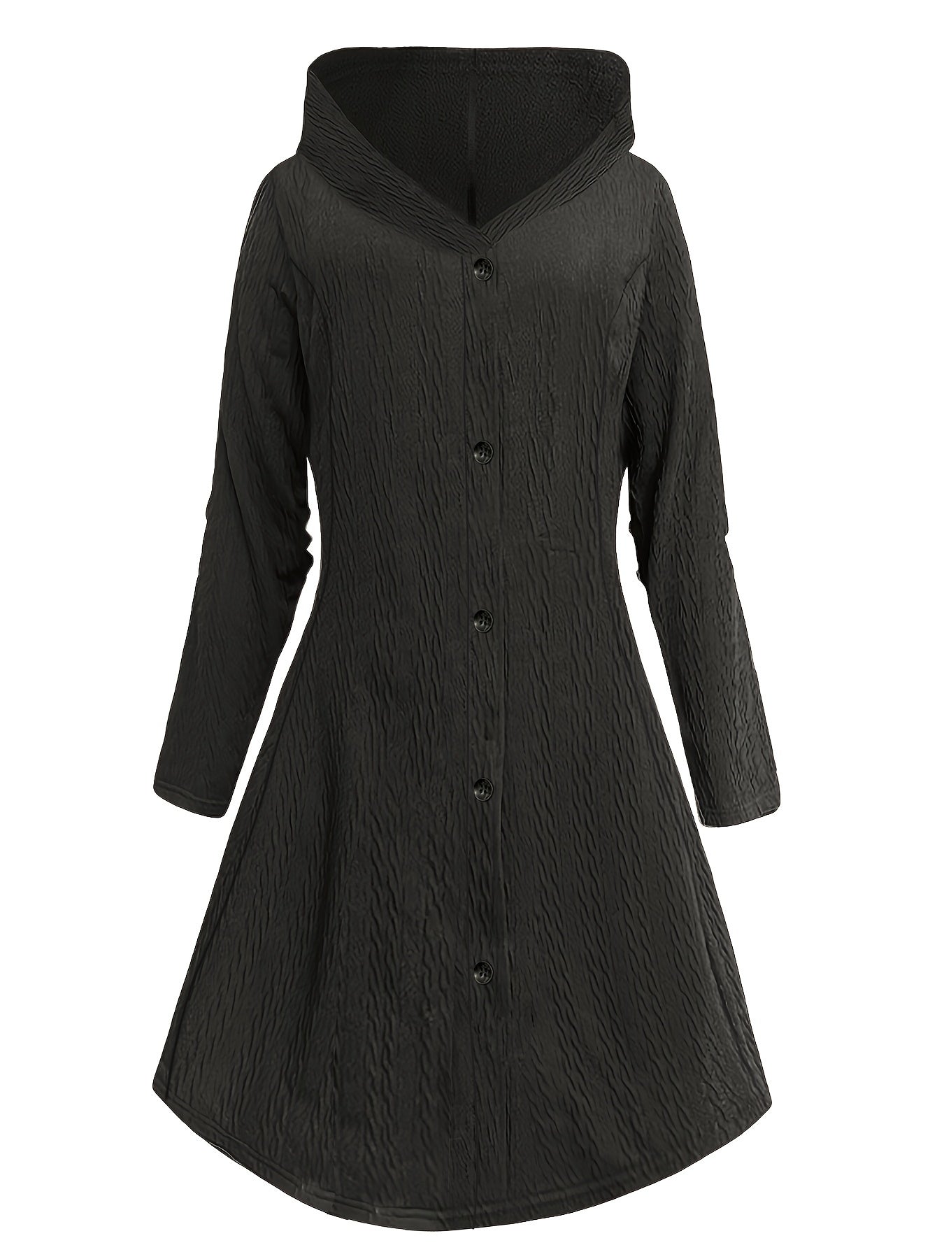  Solid Jacquard Button Up Long Sleeve Hooded Dress