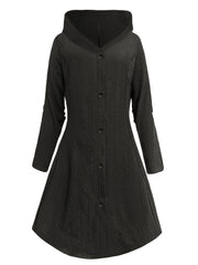  Solid Jacquard Button Up Long Sleeve Hooded Dress