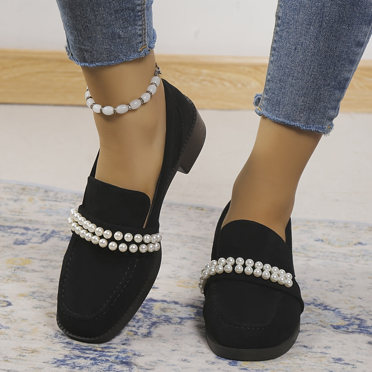 Retro Pearl Loafers Chunky Heel Shoes