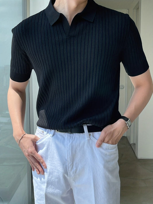 Knit Short Sleeve Polo Shirt V-Neck Button Up Casual Top Men's Tee