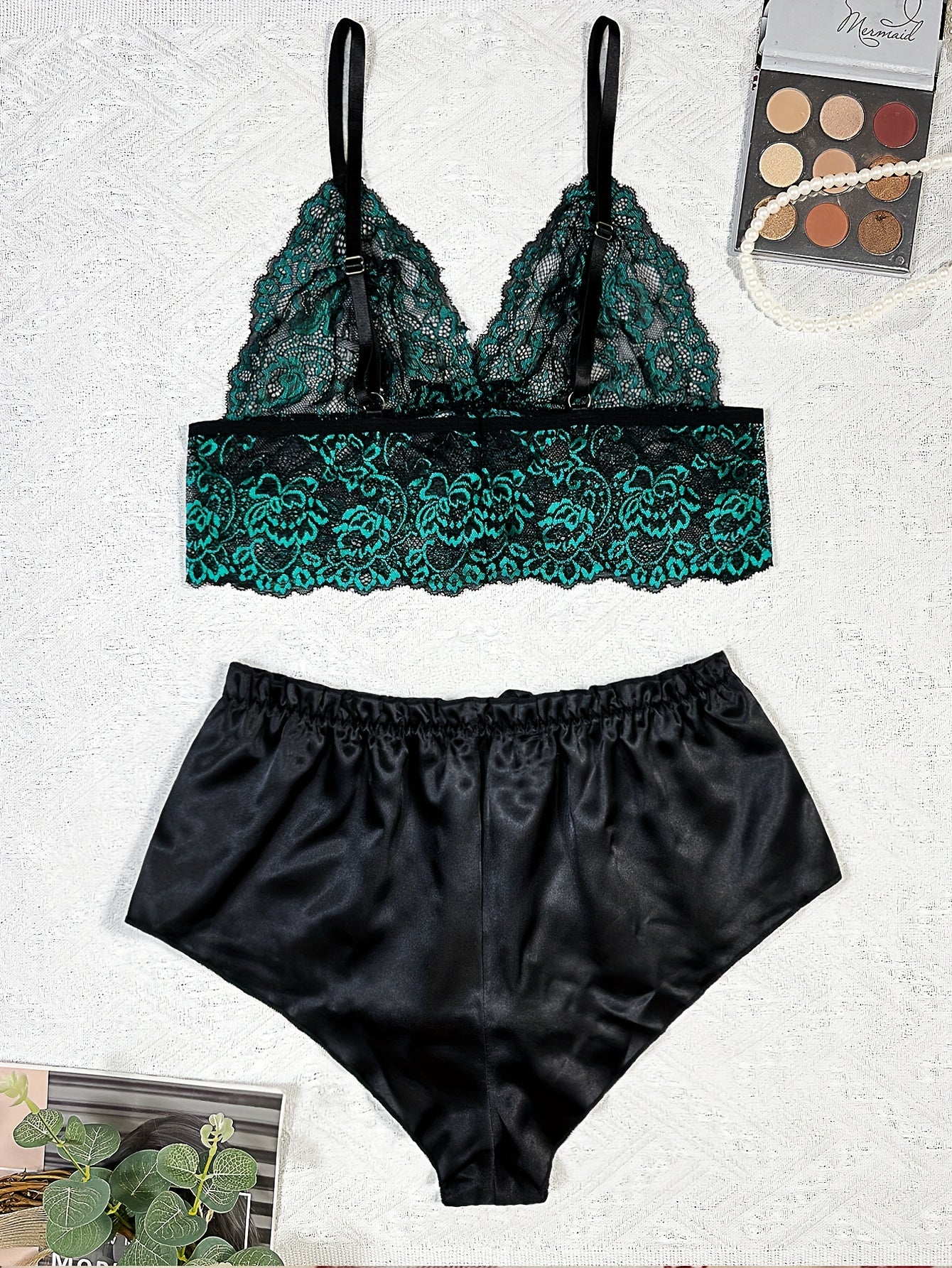 Floral Lace Lingerie Set V Neck Cami Top & Satin Shorts