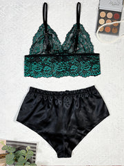 Floral Lace Lingerie Set V Neck Cami Top & Satin Shorts