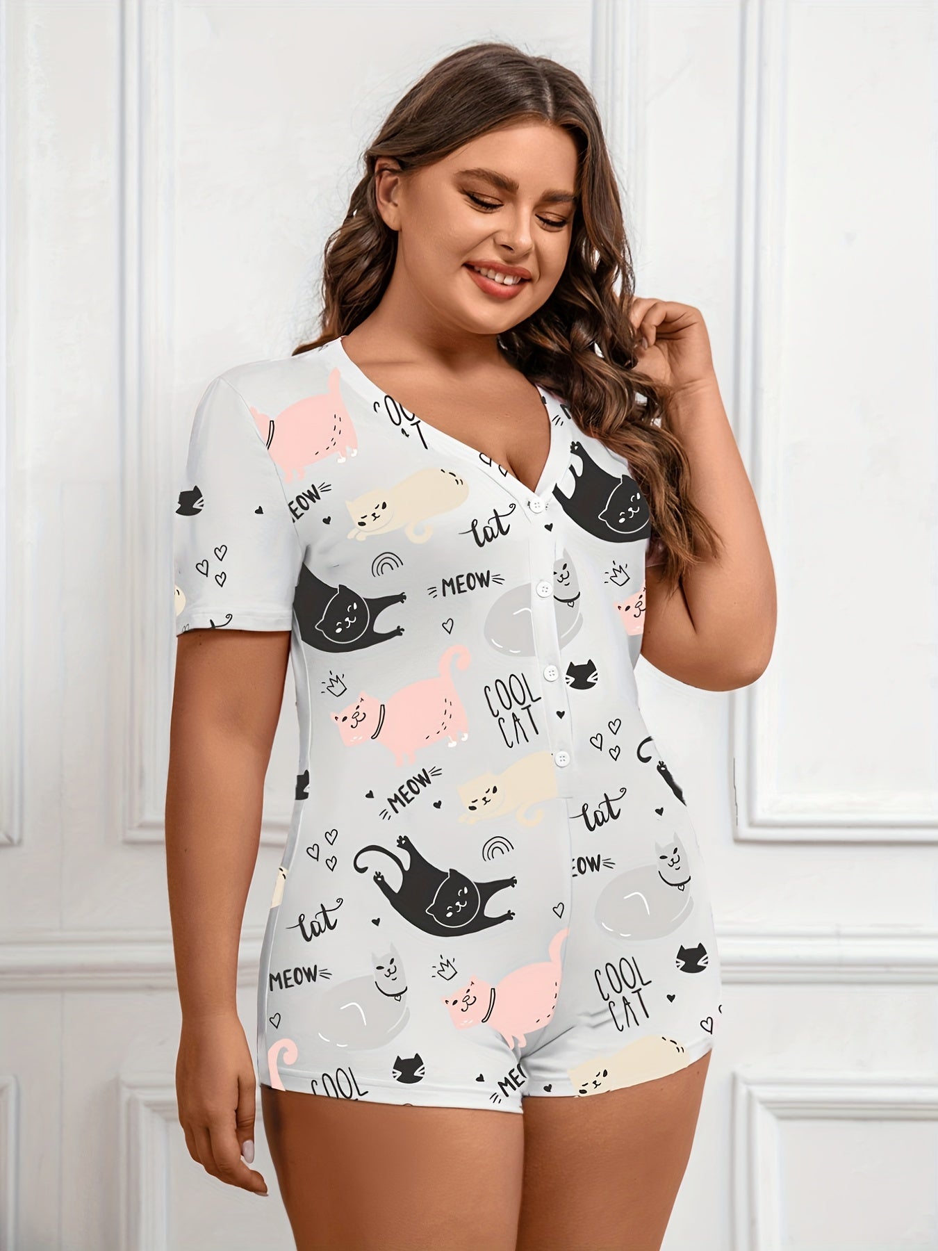  Cat & Letter Print V Neck Romper