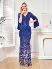 Sequined Bridesmaid Dress V neck Floor Length Dress