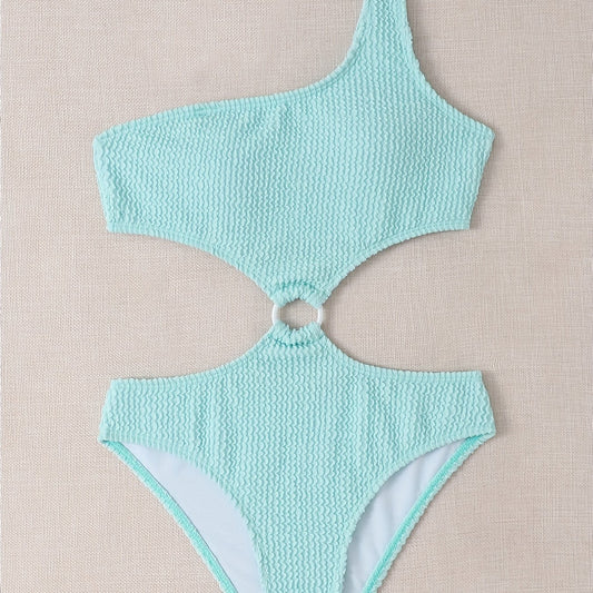 Girls One Piece Swimsuit with One Shoulder Round Ring