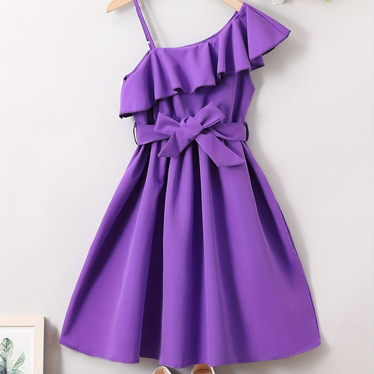 Girls' Ruffle One Shoulder Casual Tunic Dress For Party Vacation Comfy Dresses