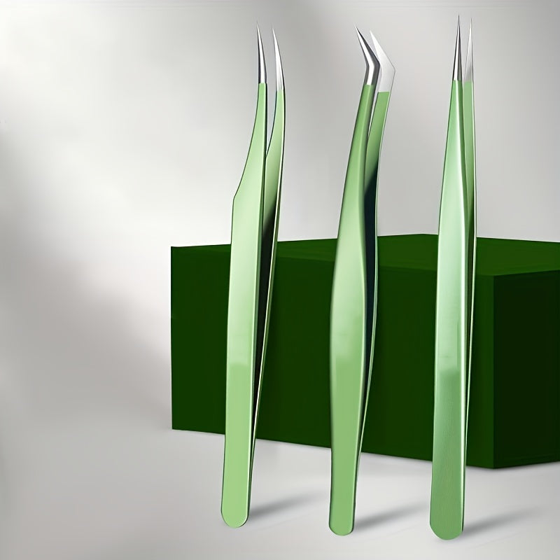 3pcs Pro Eyelash Extension Tweezers Set in Metal Case - Curved & Volume Lashes