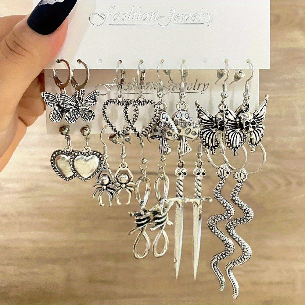 Punk Vintage Silver Snakes Butterfl. Sword Skull Earrings Set 9 Pairs