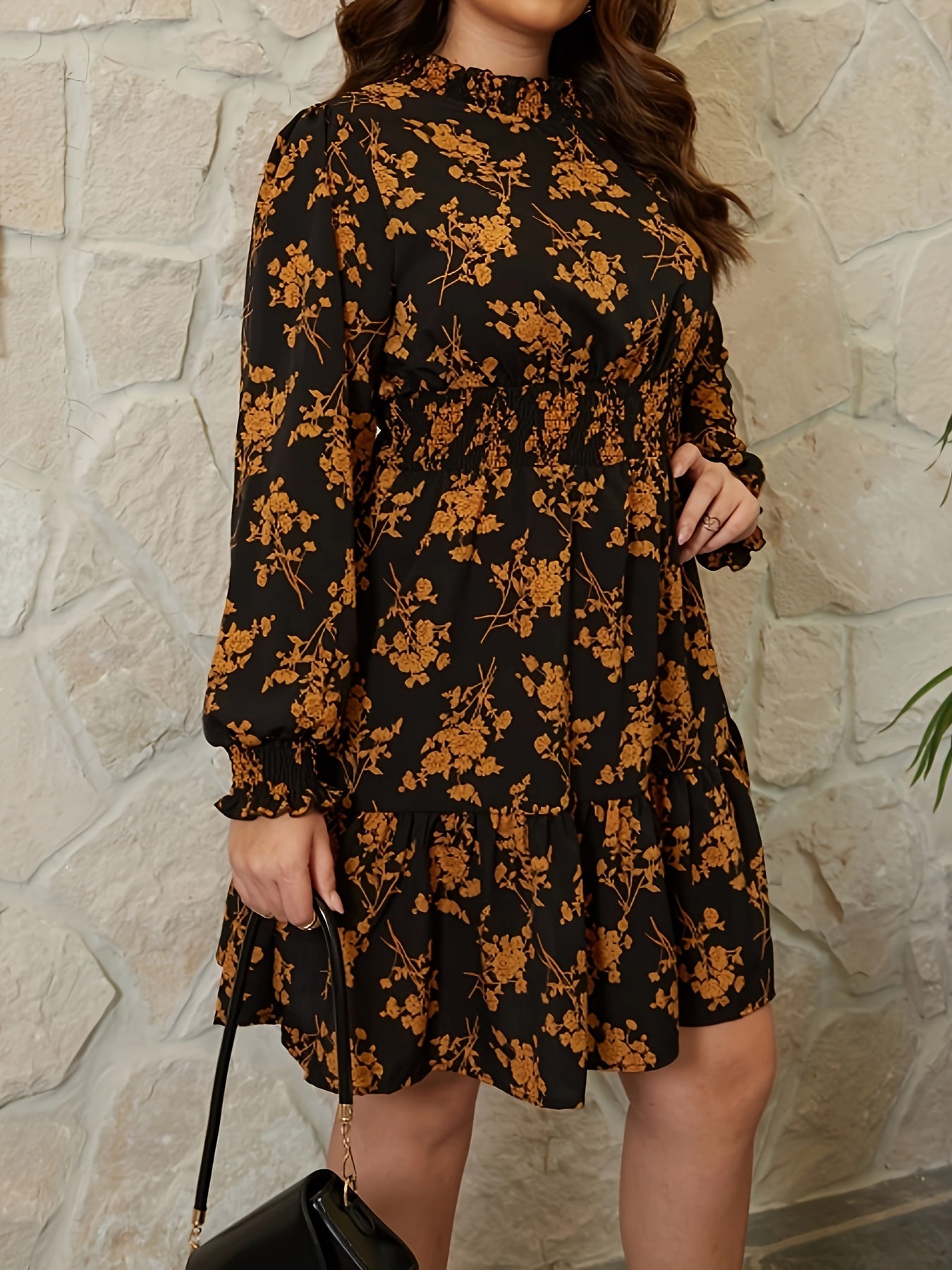 Women's Plus Floral Lantern Sleeve Smock Mini Dress