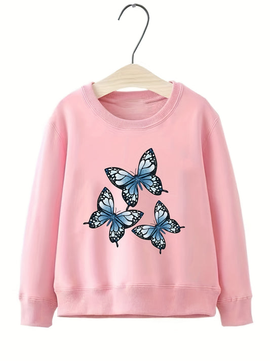 Girls Butterflies Pattern Sweatshirt Round Neck Casual Top Pullovers