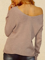 Casual V Neck Knitted Top Long Sleeve Pullover Sweater