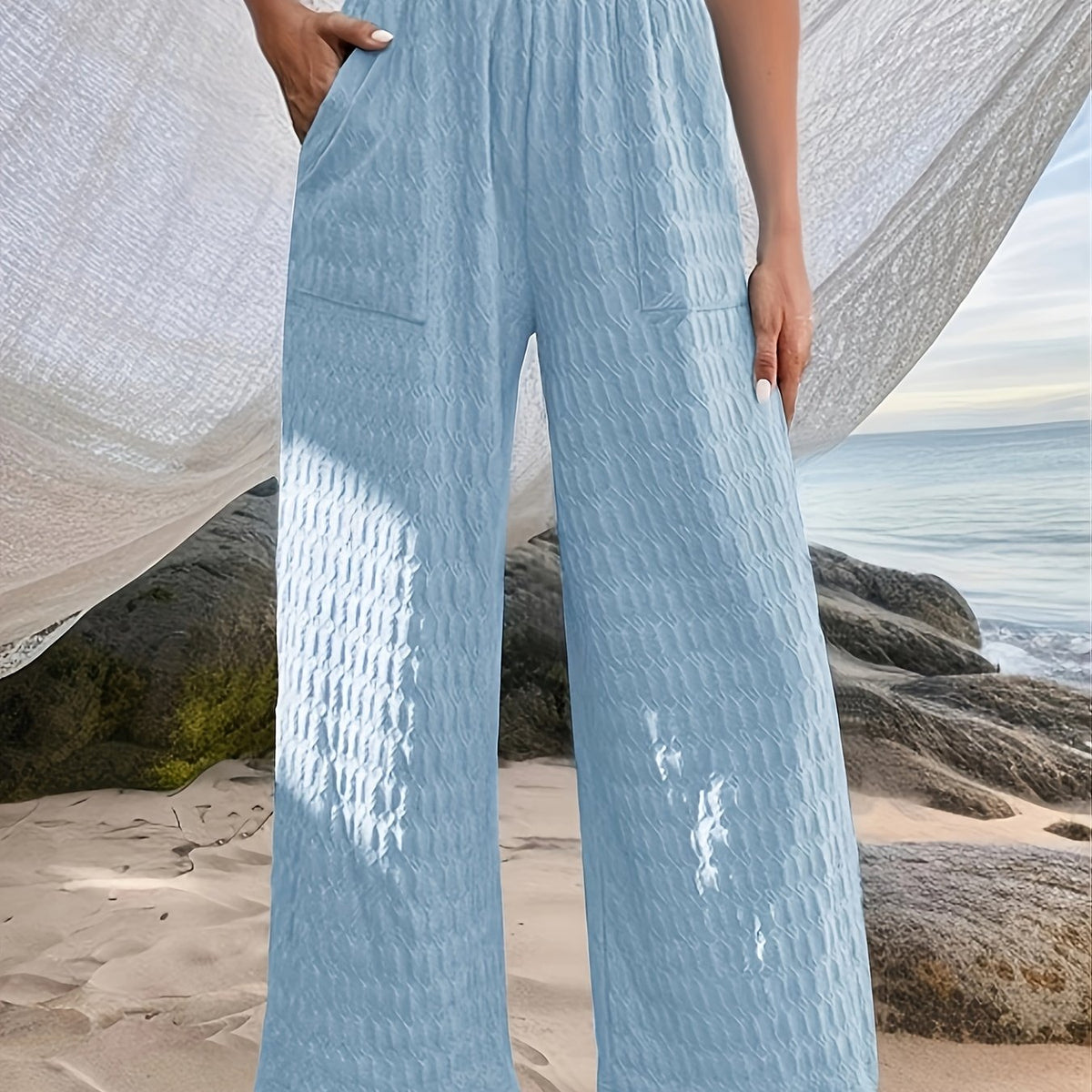  Solid Textured Wide Leg Trousers With Pockets