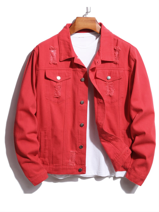 Men's Ripped Denim Button-Down Jacket
