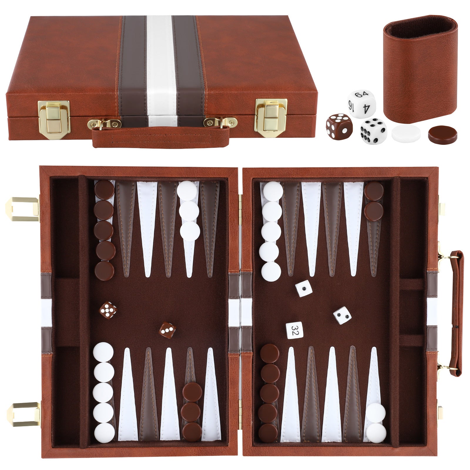 Backgammon Set 2 players Classic with Leather Case Brow