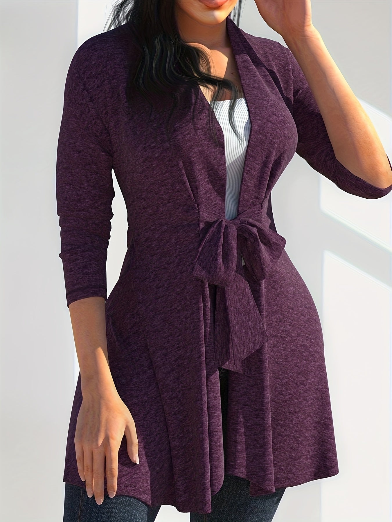  Solid Long Sleeve Belted Cardigan