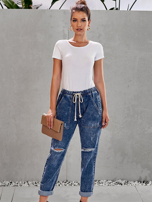 Distressed Drawstring Denim Pants Slash Pockets Ripped Jeans
