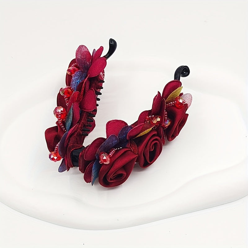Red Rose Banana Clip Flower Hair Clip Ponytail Holder Hair Claw Clip