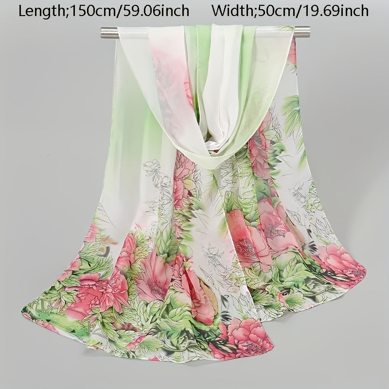 Peony Print Chiffon Scarf Gradient Silk Thin Shawl Hijab