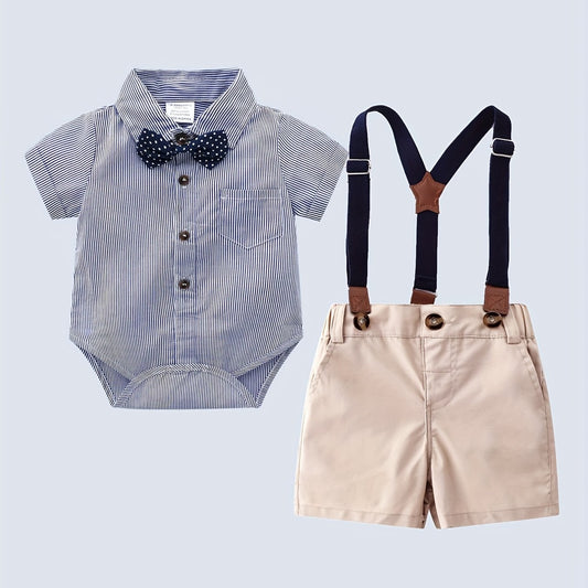 Baby Boys Gentleman Outfits Suits Bowtie Striped Bodysuit Suspender Shorts Dress