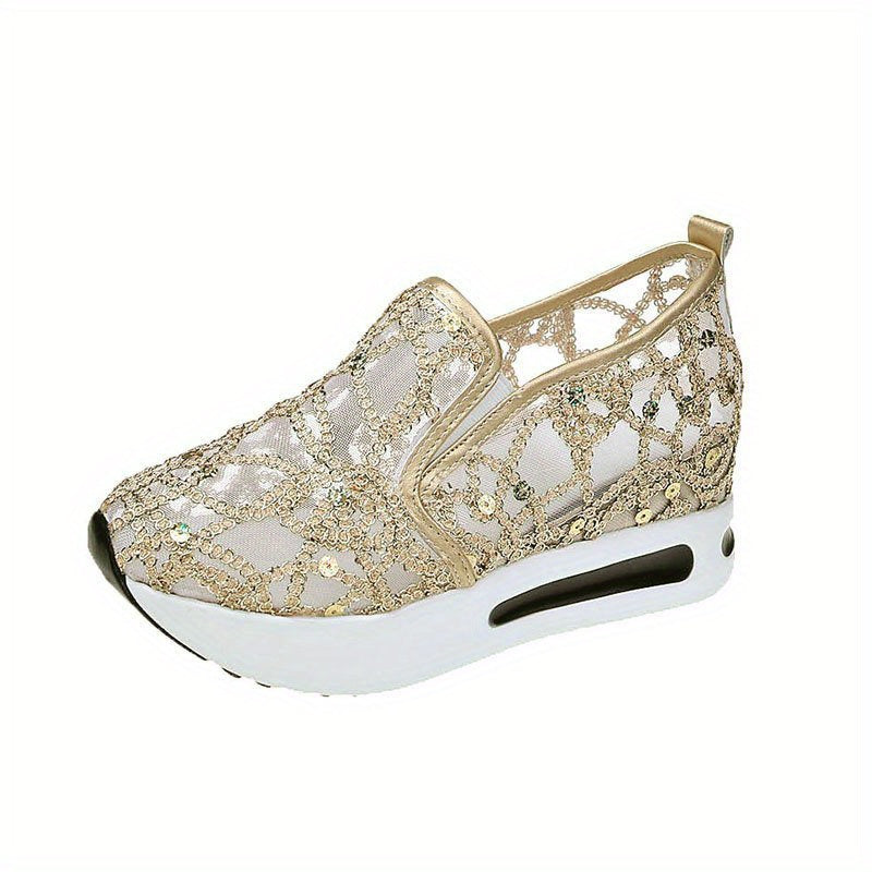 Sequins Platform Loafers Lace Slip On Walking Shoes