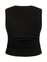  Solid Ruched Tank Top Round Neck Stretch Slim Fit