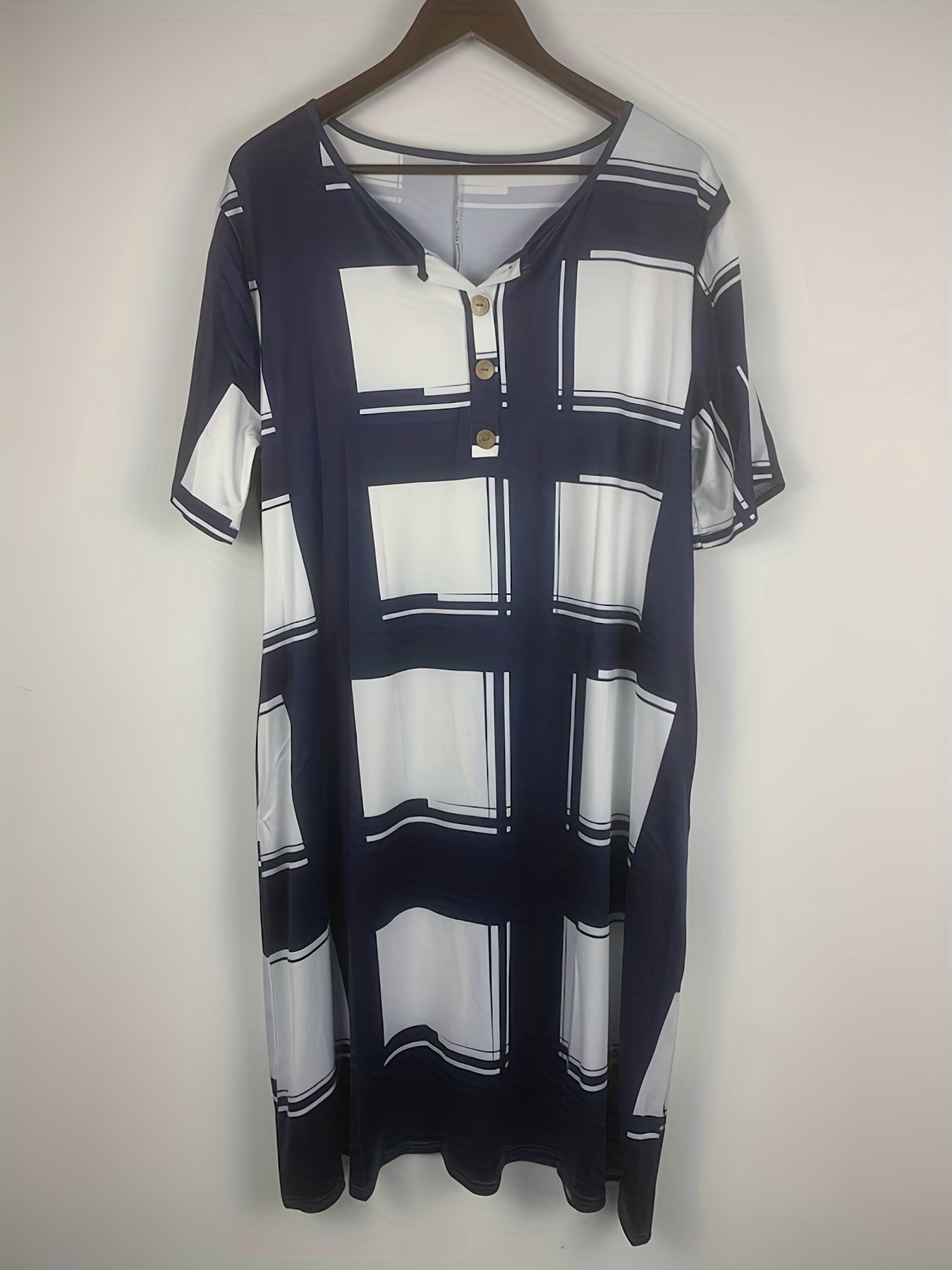  Grid Print Short Sleeve Dress with Pockets
