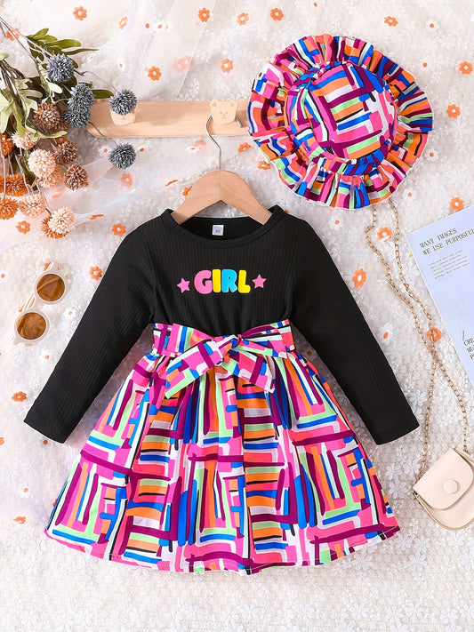 Girls' Geo Print Long Sleeve Dress for Party School