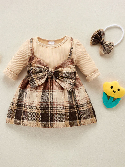Plaid Print Dress & Headband Set for Baby Girl