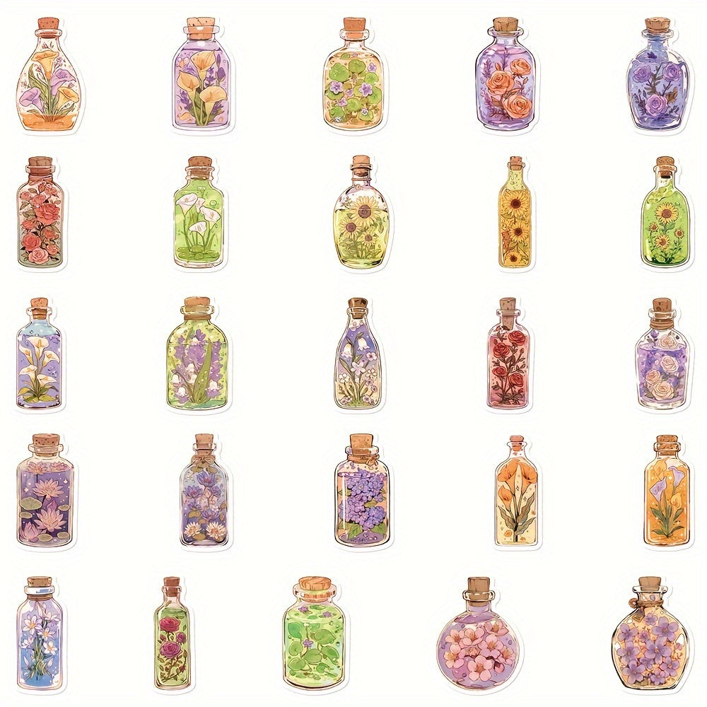 50pcs Floral Glass Bottle Stickers Self Adhesive Decals for Electronics