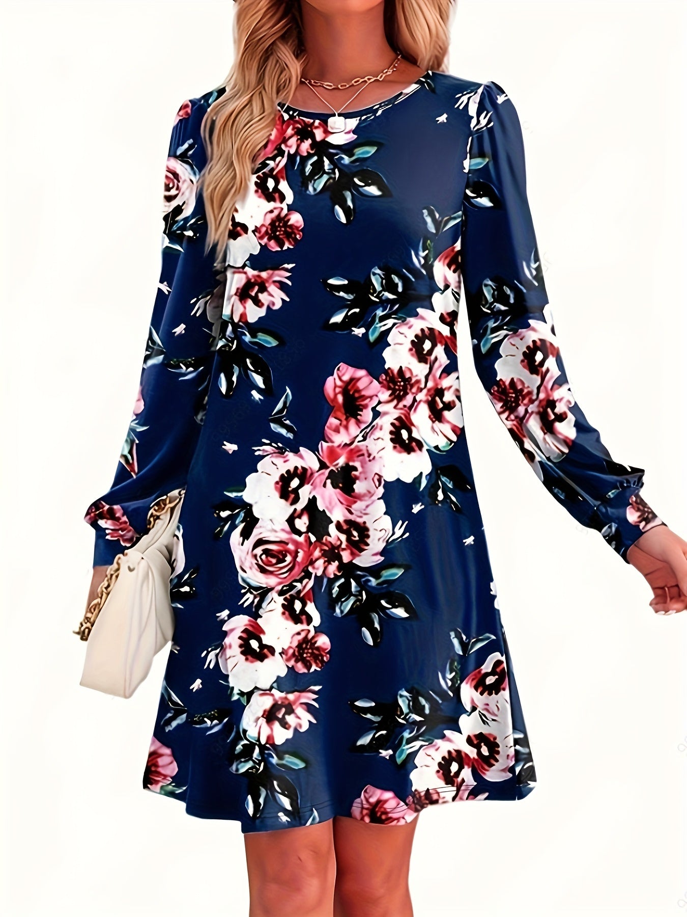  Women's Floral Print Long Sleeve Tee Dress