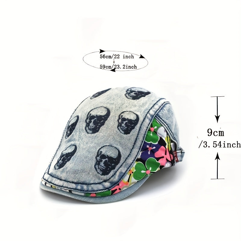Skull Embroidered Hip Hop Beret Washed Distressed Vintage Flat Hat