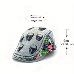 Skull Embroidered Hip Hop Beret Washed Distressed Vintage Flat Hat