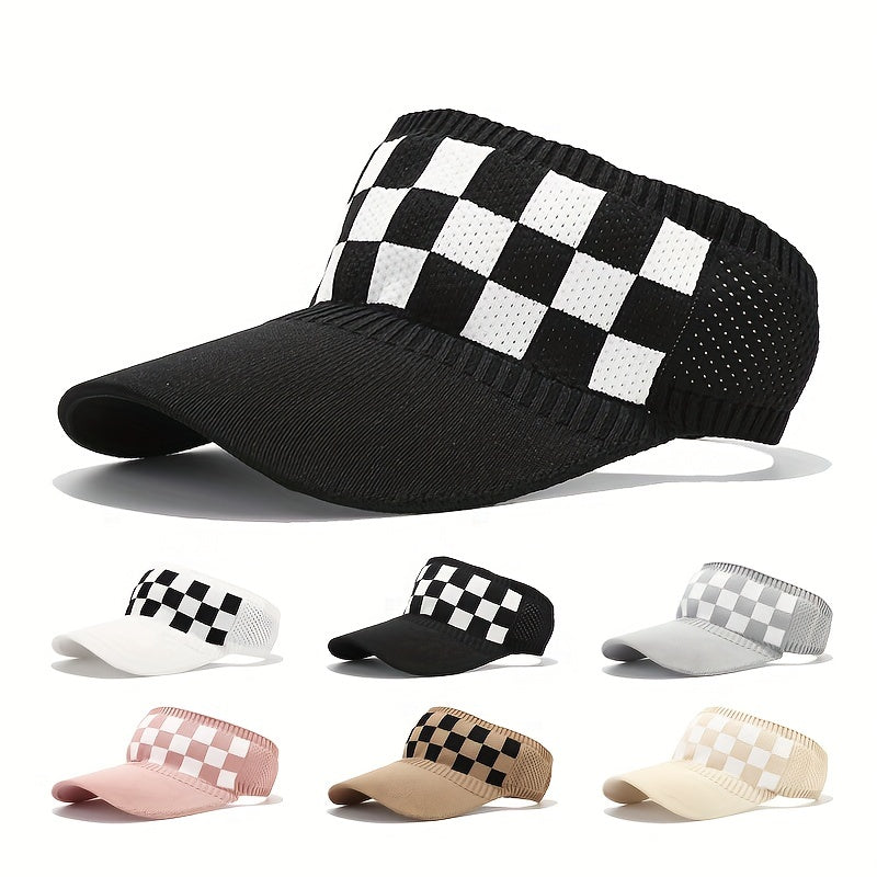 Plaid Pattern Knitted Visor Hat Elastic UV Protection Ponytail Sun Hats