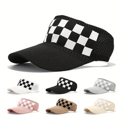 Plaid Pattern Knitted Visor Hat Elastic UV Protection Ponytail Sun Hats