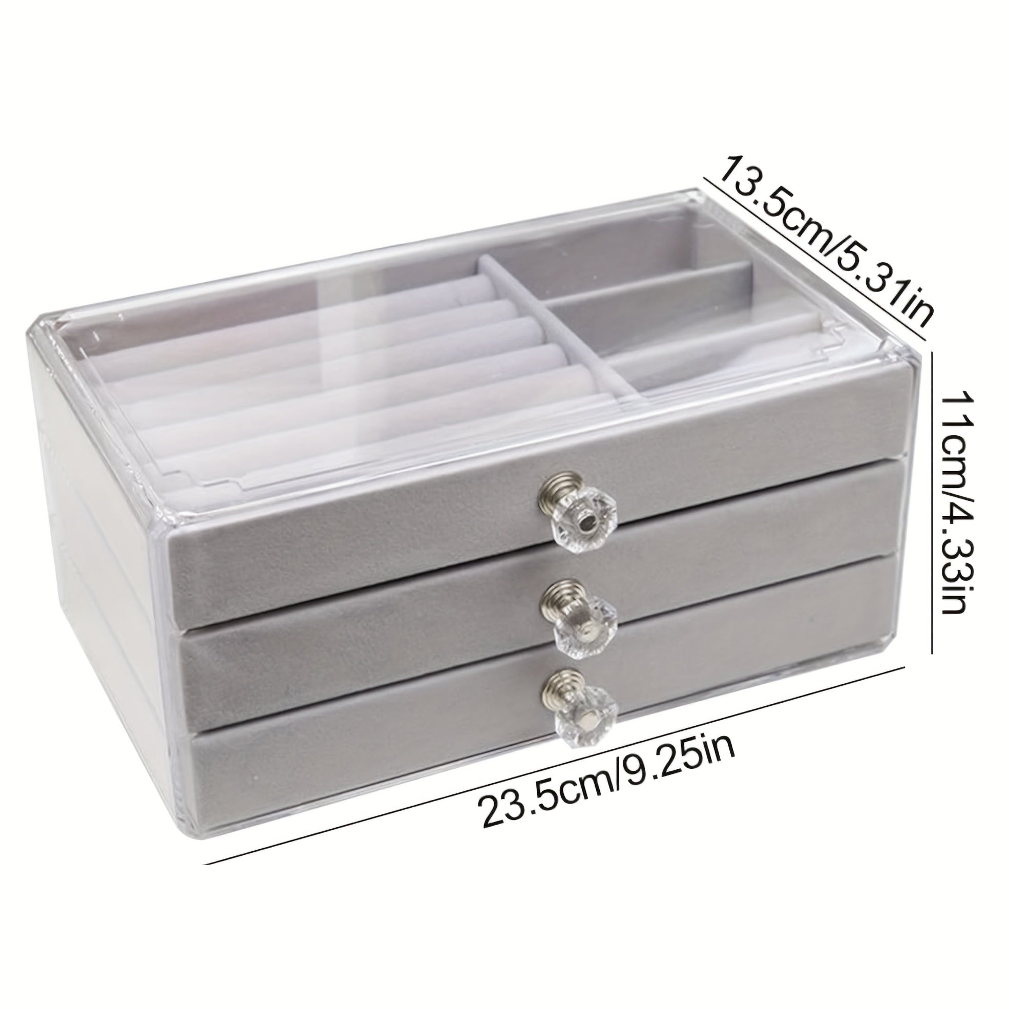 Acrylic Jewelry Organizer Box 3 Drawers Clear Velvet Lining Anti-oxidation