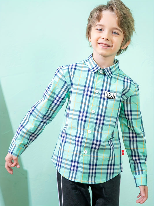 Boys Letter Print Plaid Shirts Button Down Tops Spring Fall Outwear Jacket